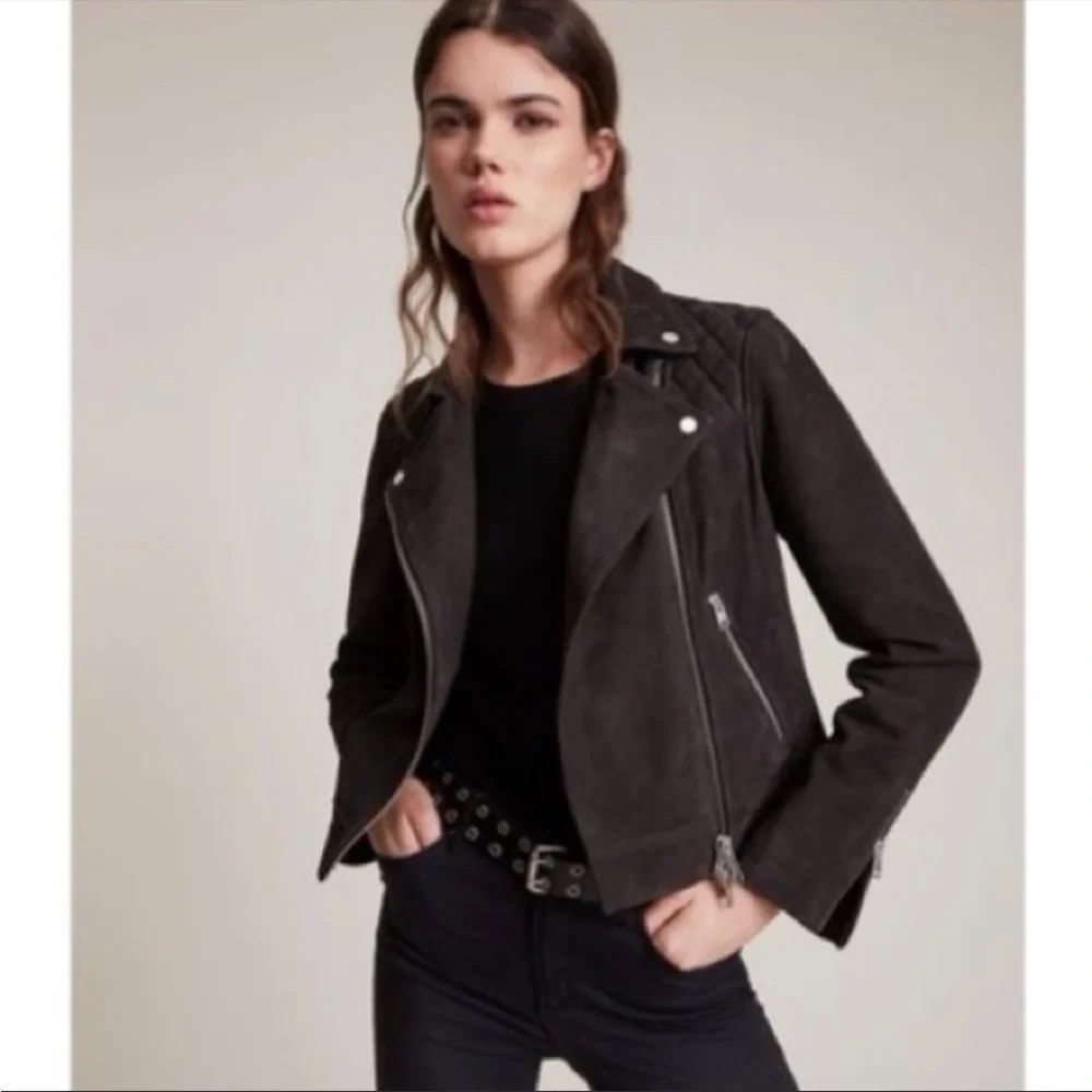 $499⬇️ALL SAINTS Caden suede Leather Jacket           faux fur trim - Picture 2 of 7